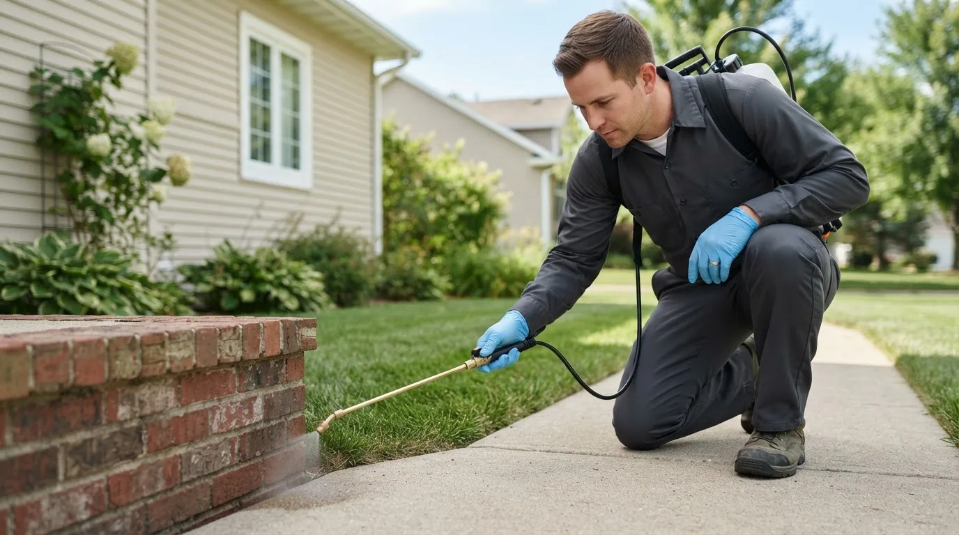 Pest control technician treating a home near Rialto, CA